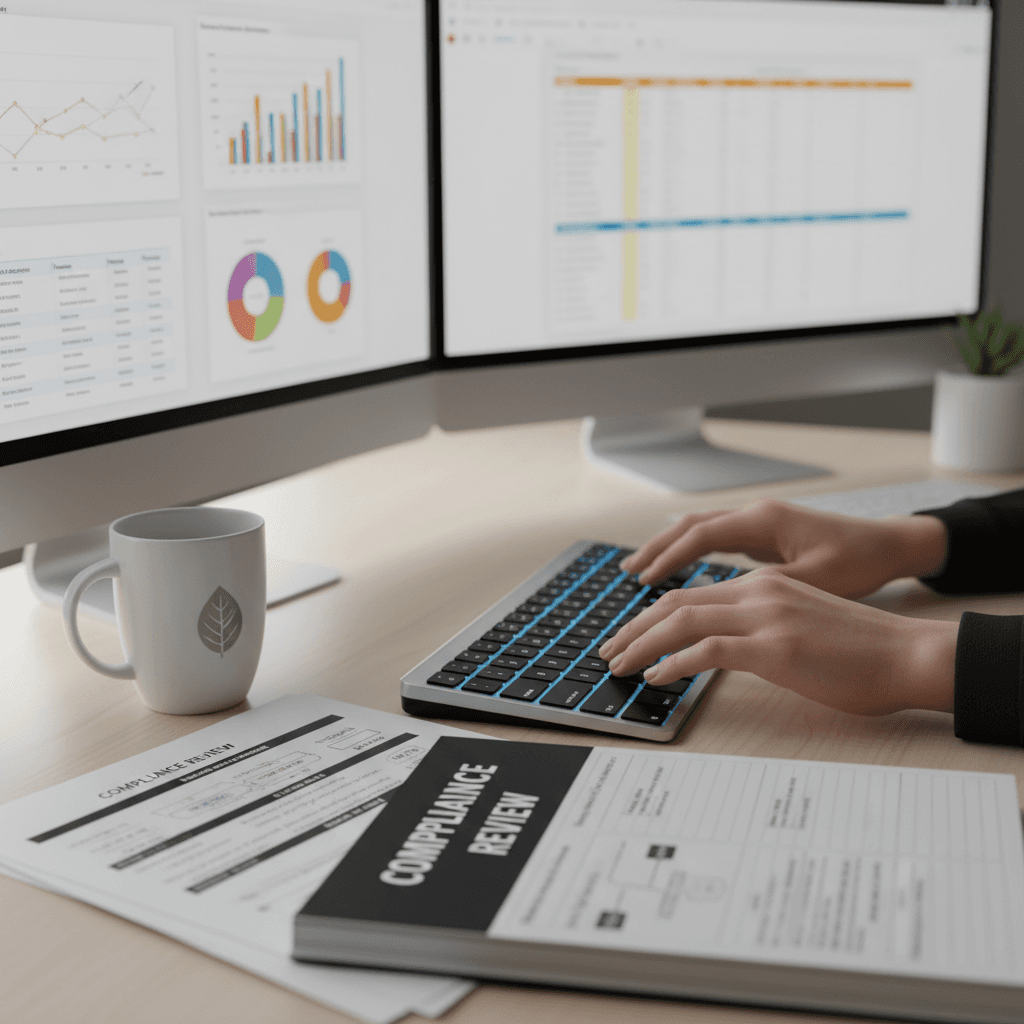 Especialista en calidad revisando documentos regulatorios en su escritorio