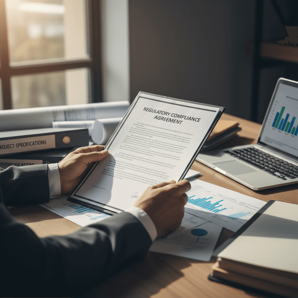 Manos de una consultora revisando un manual de calidad con documentos normativos sobre un escritorio