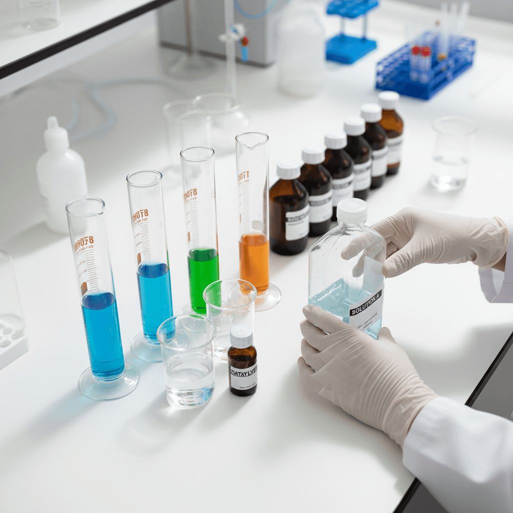 Vasos de laboratorio con líquidos sobre mesa de acero inoxidable