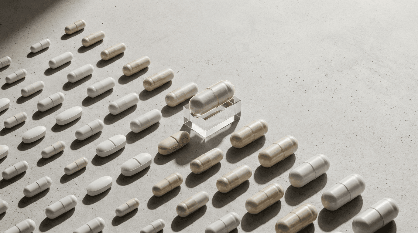 Overhead arrangement of white and clear supplement capsules with dramatic shadows on neutral concrete surface